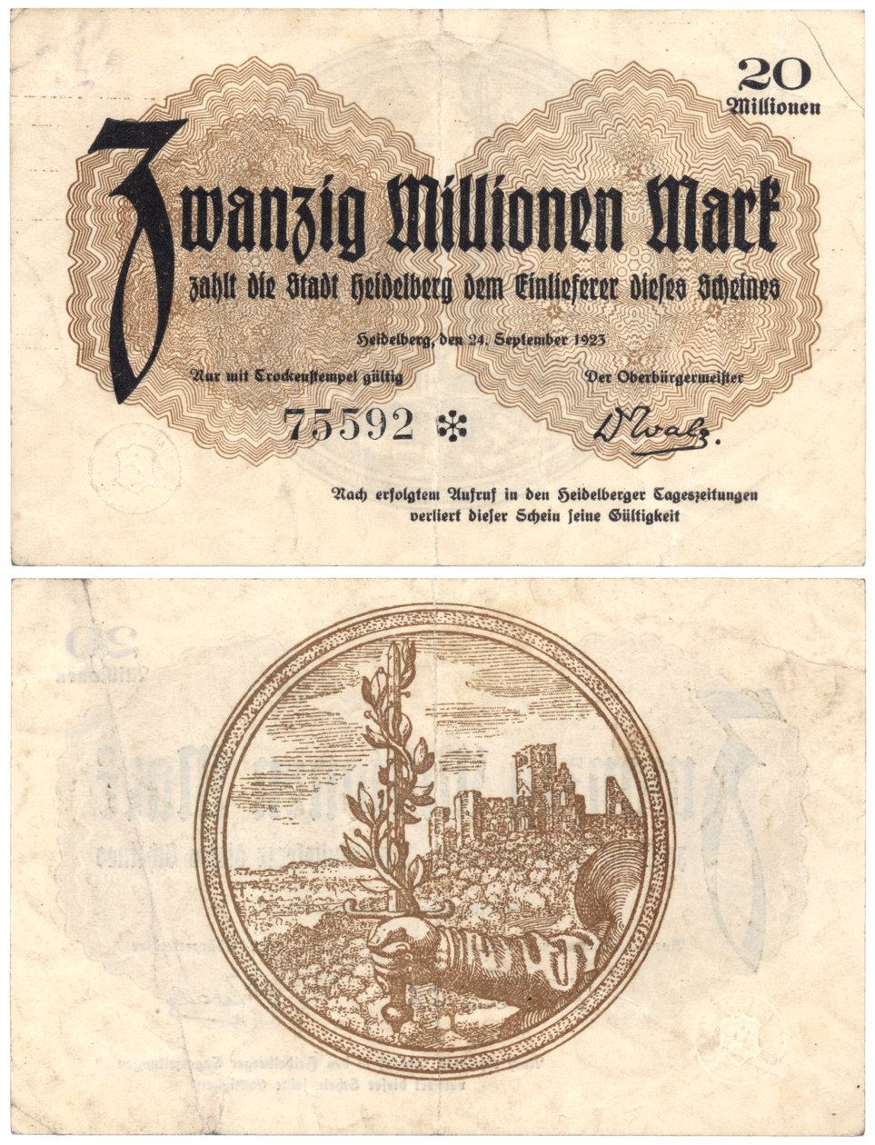 一张二千万大关的钞票，1923年（正面和反面） 作者 德国学校