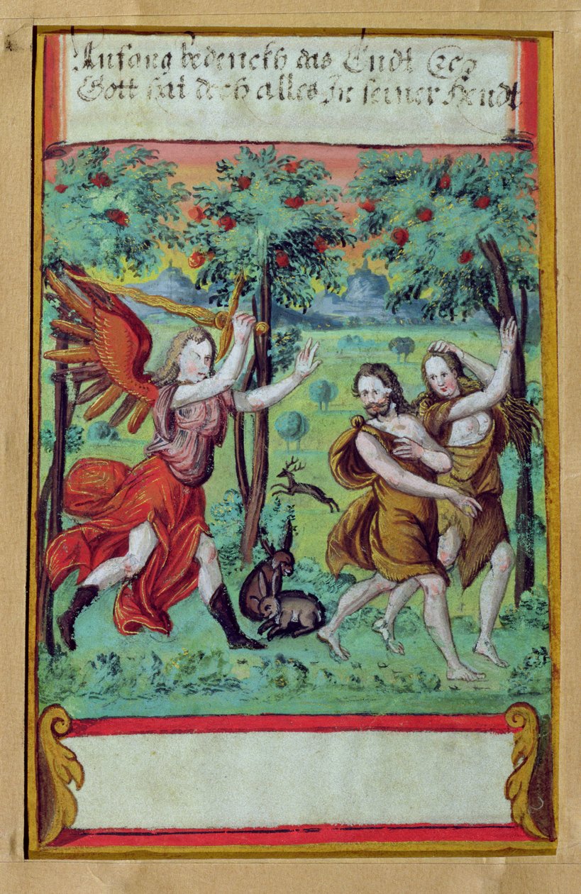 亚当和夏娃被驱逐出伊甸园，c.1640（牛皮纸上的水粉） 作者 德国学校