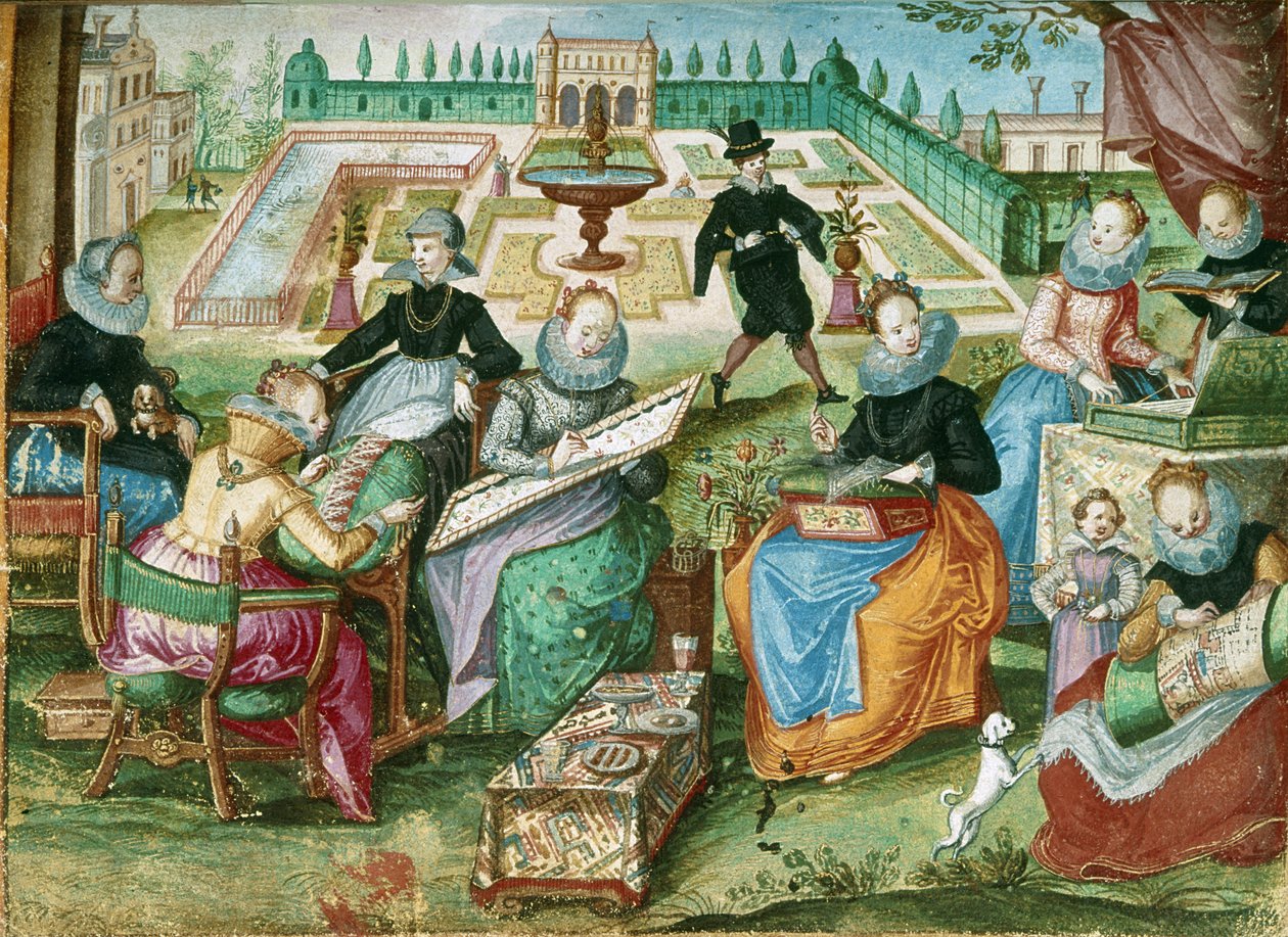 Add.1 7025 fol.50 坐在刺绣前的女士，选自 "Gervasius Fabricius 的 Amicorum 相册"（彩色石版）。 作者 德国学校