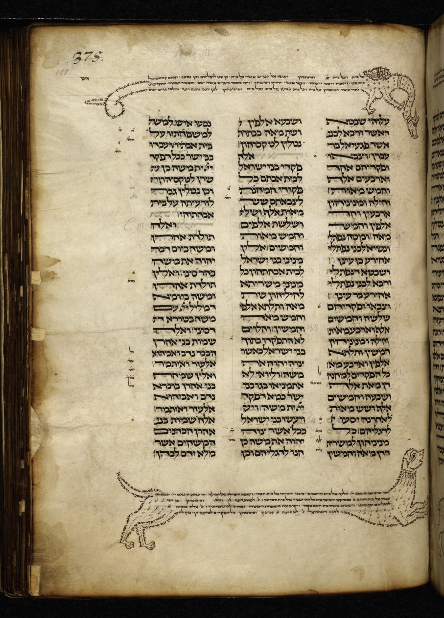 Add.21160，f.188，两只狗追逐一只鹿的缩微胶片，树上有鸟和龙，在编号处（第 2-3 章）。 作者 德国学校