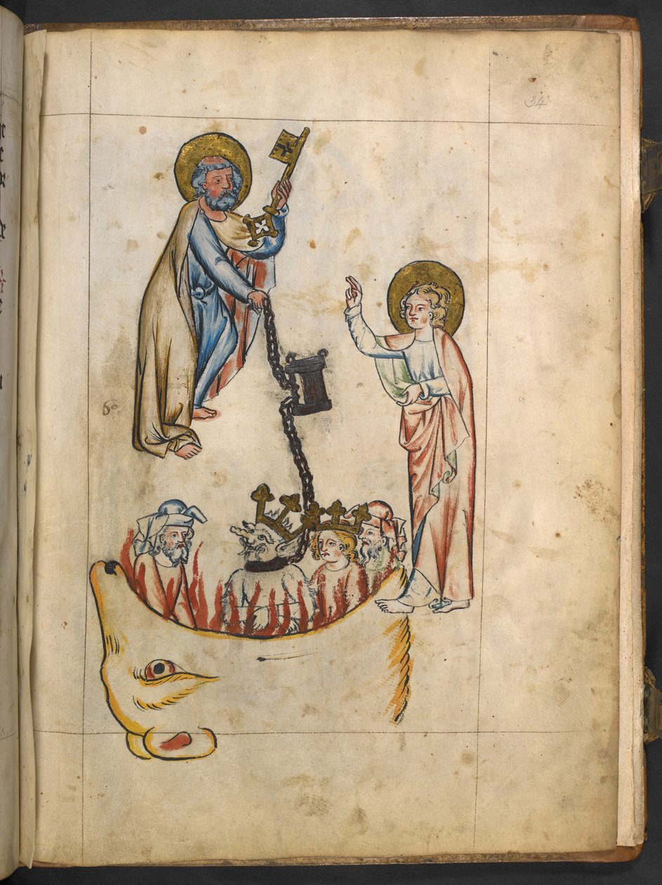 添加 MS 15243 f.34r 手持无底洞钥匙的天使，《启示录》插图，约 1350-70 年（羊皮纸上的墨水和色彩） 作者 德国学校