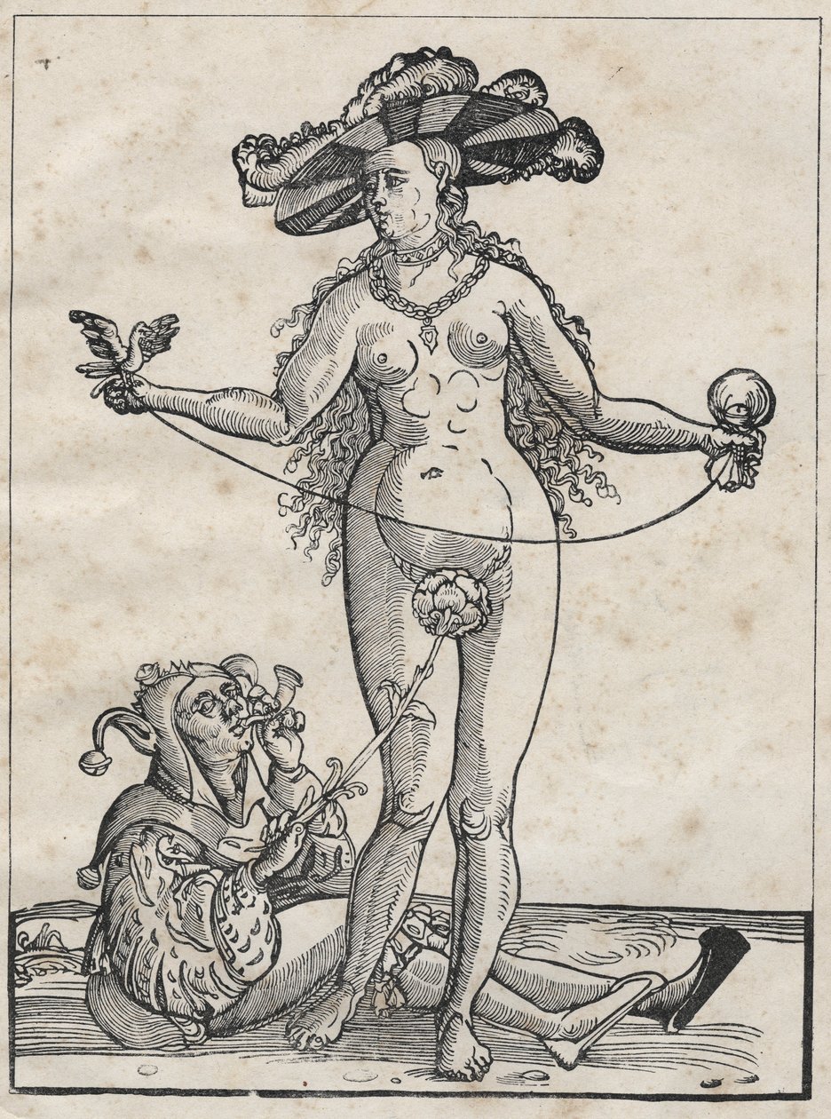 疯狂的寓言 - allegorie de la folie（女人和傻瓜）16世纪的德国版画。 作者 德国学校