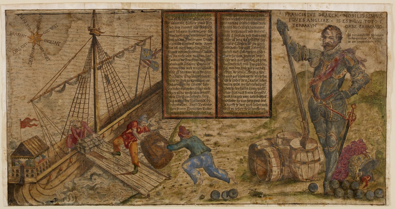 庆祝弗朗西斯·德雷克 (Francis Drake) 对抗西班牙人的战役的插图侧面，插图来自“Hier steh ich Drach in Engelandt”（钢笔和墨水，纸上水洗） 作者 德国学校