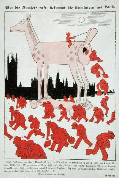 第三帝国的反布尔什维克漫画描绘了布尔什维克从特洛伊木马逃到伦敦（彩色平版印刷） 作者 德国学校