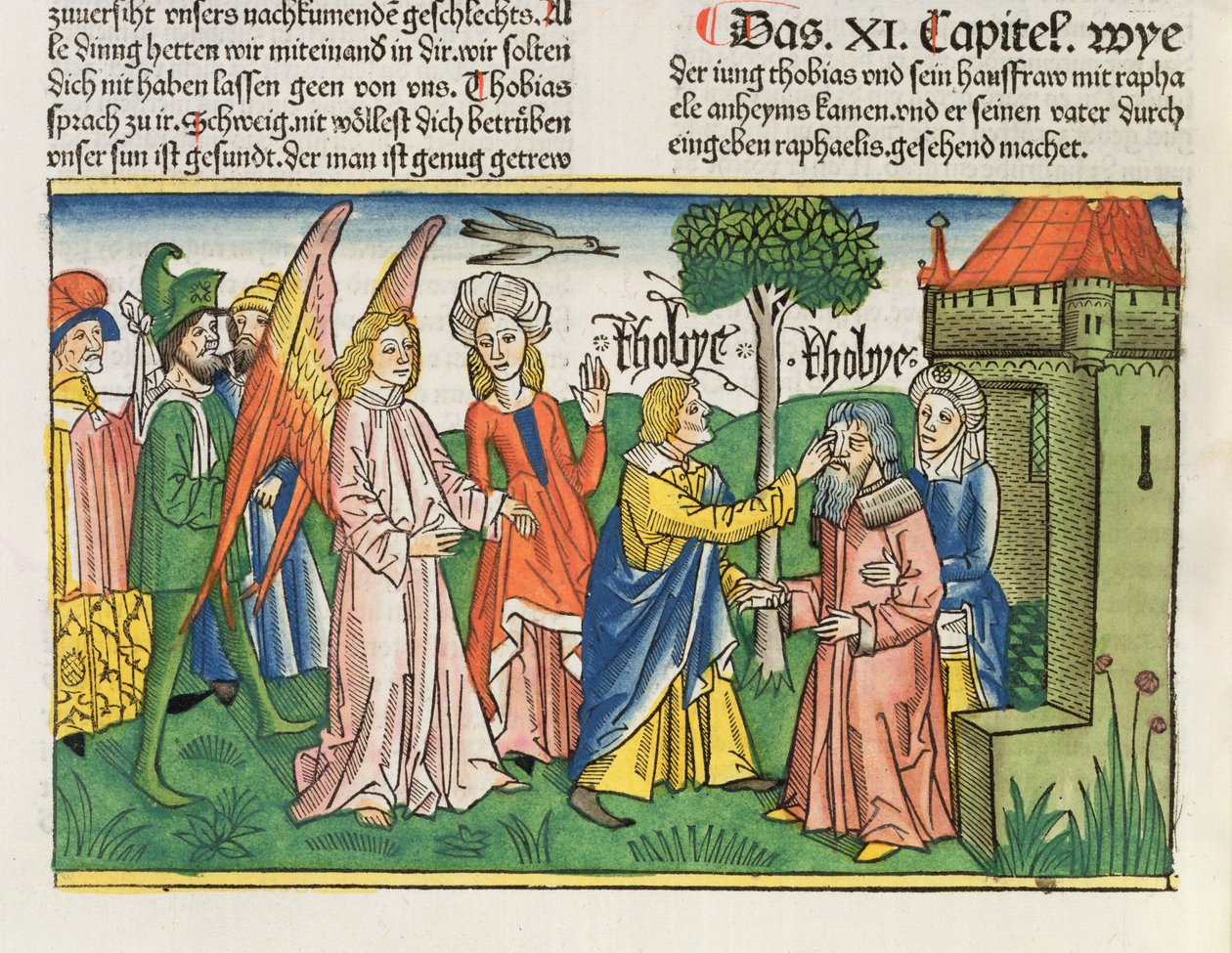 Apocrypha：托比亚斯从纽伦堡圣经（Biblia Sacra Germanaica）（彩色木刻）中恢复他的父亲托比特的视线 作者 德国学校