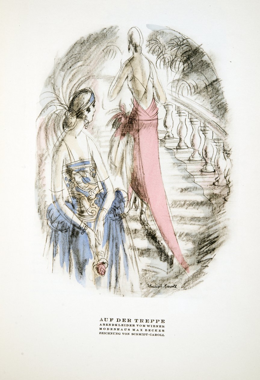 Auf der Treppe, Evening Dresses by Wiener, from Styl, pub.1922 (pochoir print) 作者 德国学校
