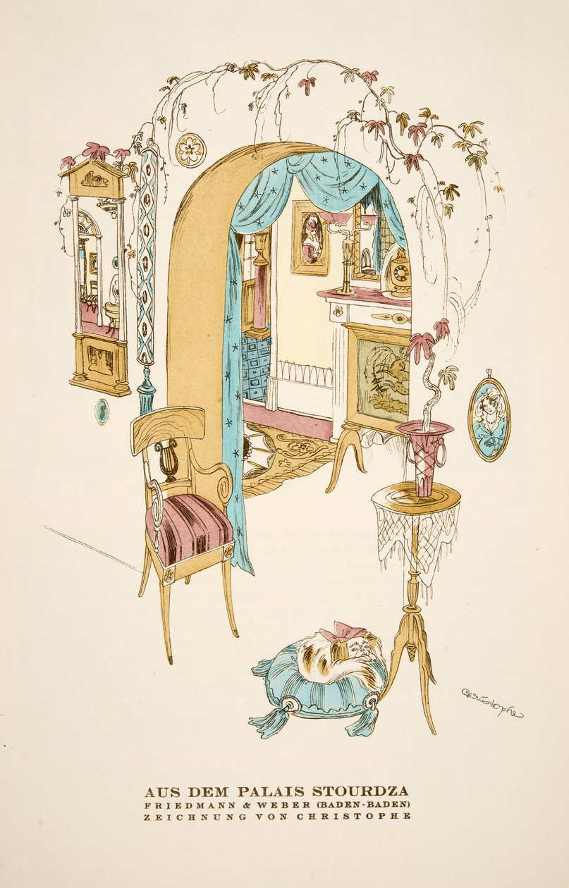 "Aus dem Palais Stourdza"，Friedmann  Weber（巴登巴登）广告"，摘自《风格》，1922 年出版（pochoir 印刷品） 作者 德国学校