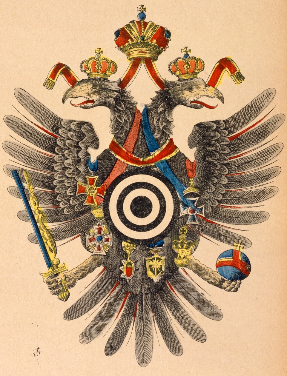 奥匈帝国的帝国徽章作为射箭目标，1865年（彩色木刻） 作者 德国学校