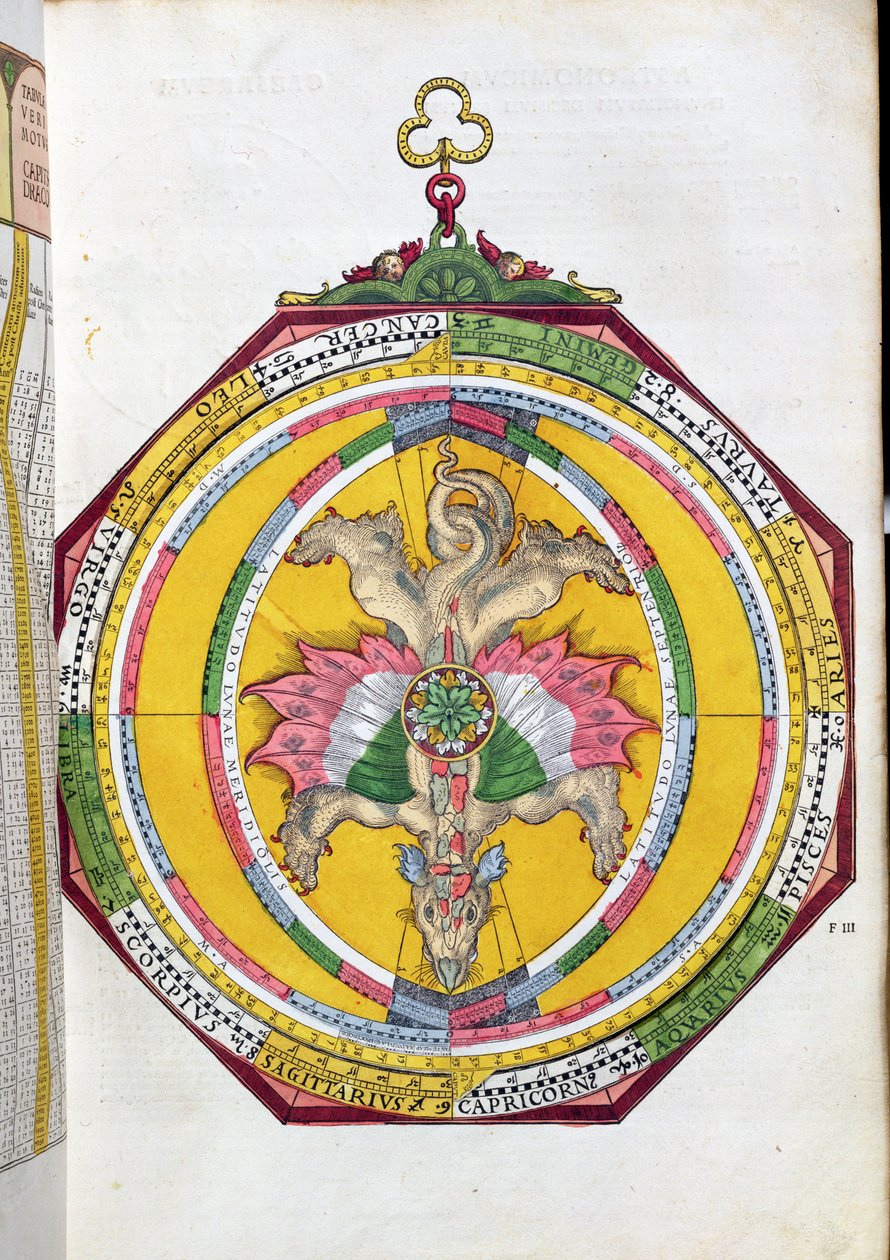 BT1.70.2 Volvelleor与黄道带，Astronimicum Caesareum的插图由Peter Apian（Bennewitz）（1495-1552）酒吧。在Ingolstadt，1540（彩色木刻） 作者 德国学校