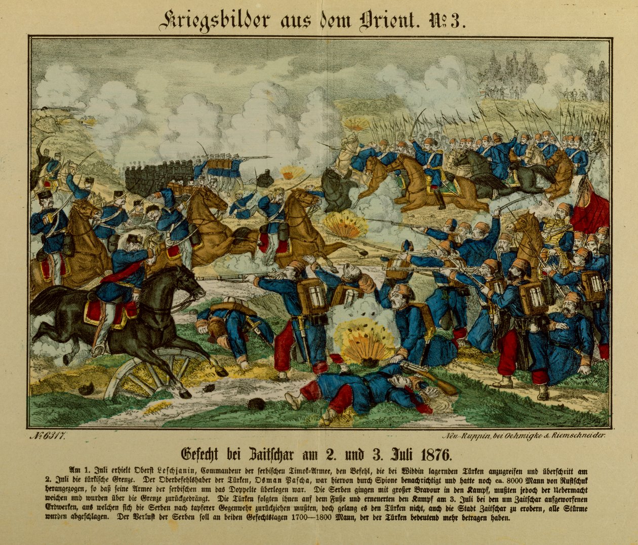 1876年7月2日至3日，在第一次塞尔博 - 奥斯曼战争期间（1876-77），Zajecar战役，Neuruppiner Bilderbogen，1876年 作者 德国学校