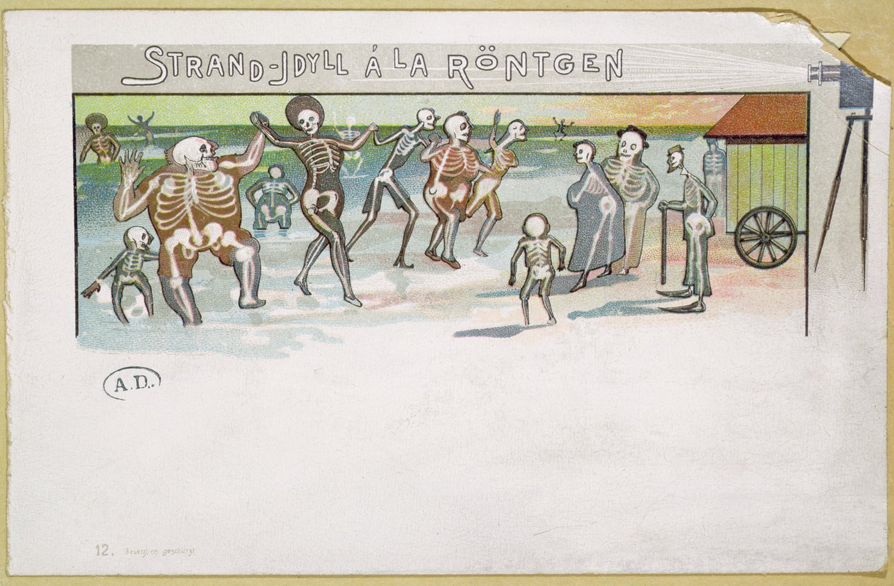 在Rontgen风格的海滩田园诗，关于X射线的卡通，c.1896-99（彩色雕刻） 作者 德国学校