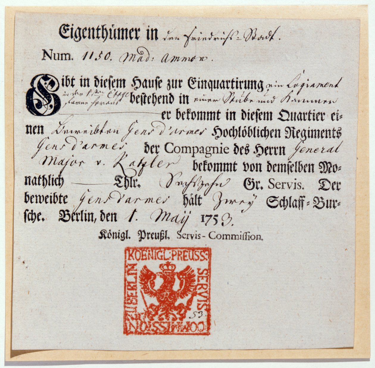 Billeting代金券，1759年（打印和笔墨） 作者 德国学校