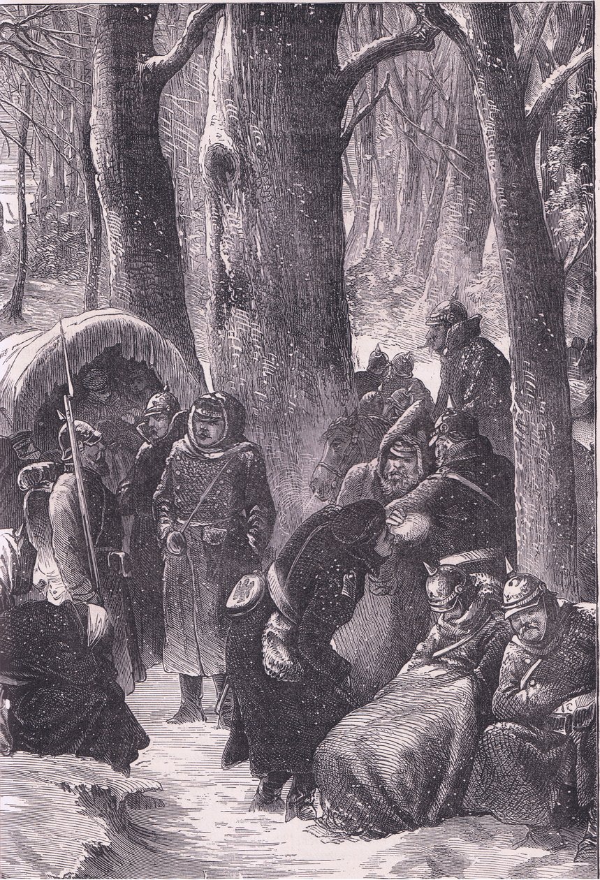 《雪中露营》，卡塞尔公司出版的《卡塞尔法德战争史》，约 1890 年（石版画） 作者 德国学校