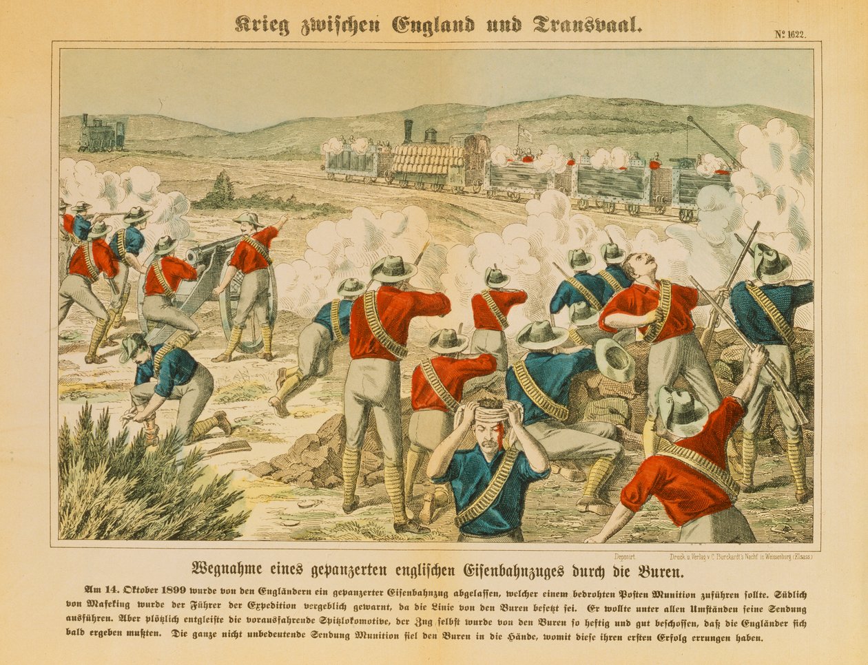 在1899年10月14日Maseking附近的第二次布尔战争期间，Boers抓住了一辆装甲的英国火车，由C. Burckhardts Nachf，Weissenburg出版，1899年 作者 德国学校