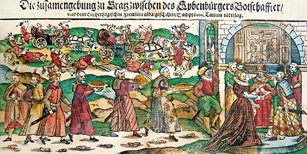 关于1595年3月奥地利大公夫人玛丽亚-克里斯蒂娜与西本布尔根（特兰西瓦尼亚）王子西吉斯蒙德-巴托里的大使的代理婚姻以及1595年8月的卡鲁格勒尼战役的小报报道和插图，约1页 作者 德国学校