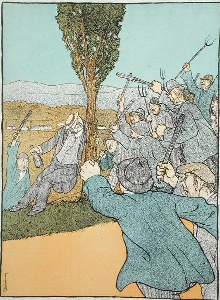 来自《Simplicissimus》杂志的漫画，描绘了克莱蒙梭和反叛的葡萄酒种植者，1907年7月（彩色平印）。 作者 德国学校