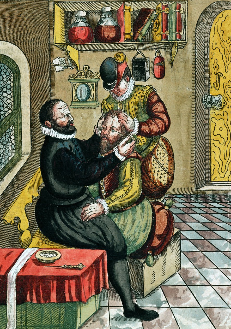 白内障手术，来自Ophthalmodouleia，由Georg Bartisch（1535-1636）于1583年在德累斯顿出版（彩色木版画） 作者 德国学校