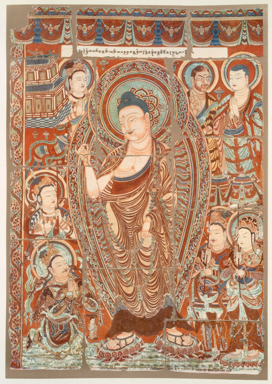 洞窟画显示了对佛祖辛哈的崇拜，酒吧。  C1913. 作者 德国学校
