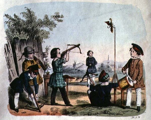儿童用箭杆射击目标，约1860年（彩色雕刻）。 作者 德国学校