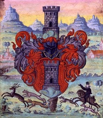 狩猎场景中的纹章，约1640年（牛皮纸上的水粉画 作者 德国学校