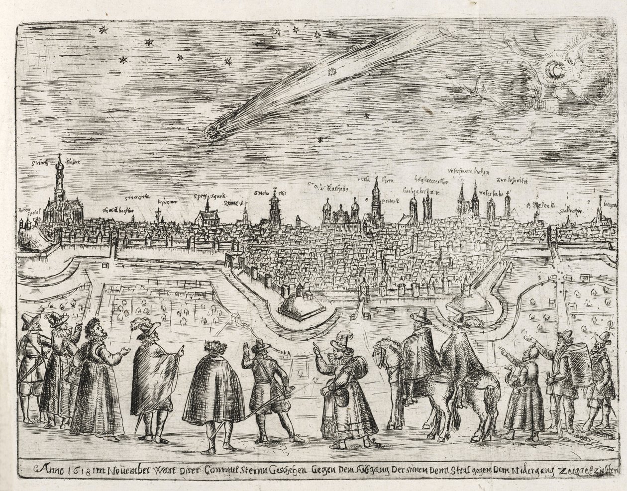 彗星于1618年11月底在奥格斯堡看到，来自Cometen Historia，酒吧。 1618 作者 德国学校