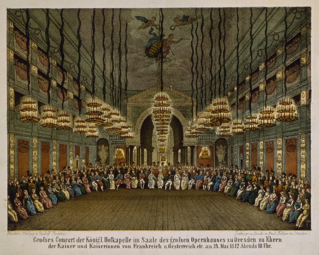 德累斯顿歌剧院礼堂举行音乐会，纪念皇室夫妇，1812年（彩色光刻） 作者 德国学校