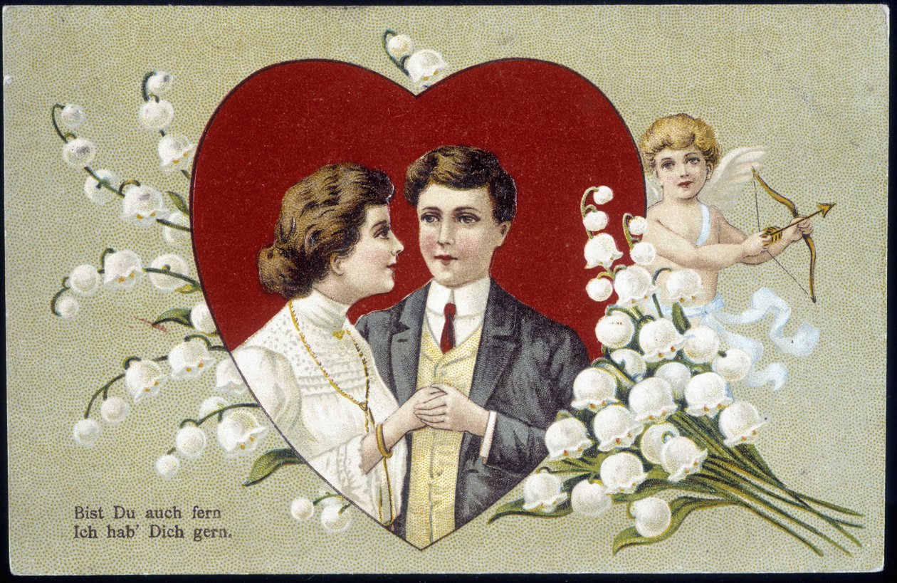 Couple of lovers in a heart surrounded by lily of the valley and Cupid (Eros) - German postcard, 20th century 作者 德国学校