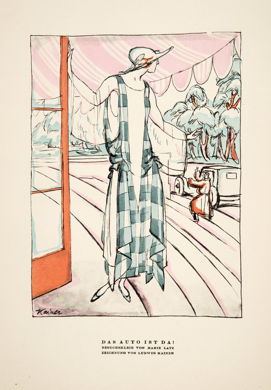 "Das Auto Ist Da!"，Marie Latz 的连衣裙广告，选自《风格》，1922 年出版（pochoir 印刷品） 作者 德国学校