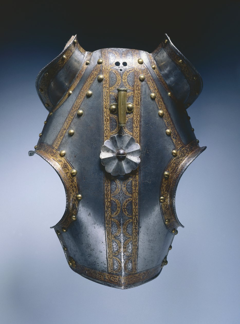 Demi-chanfron，奥格斯堡，约1550年（带有皮革的蚀刻和镀金钢） 作者 德国学校