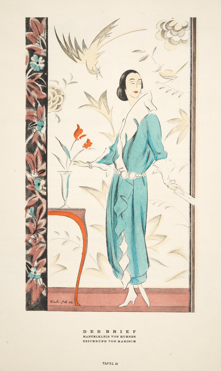 库尔南的Der Brief, 大衣裙，来自Styl, pub.1922 (pochoir print) 作者 德国学校