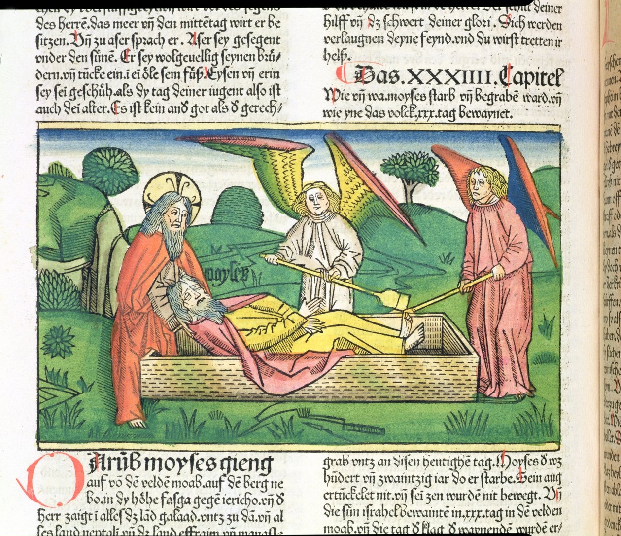 申命记34摩西之死，来自纽伦堡圣经（Biblia Sacra Germanaica）（彩色木刻） 作者 德国学校