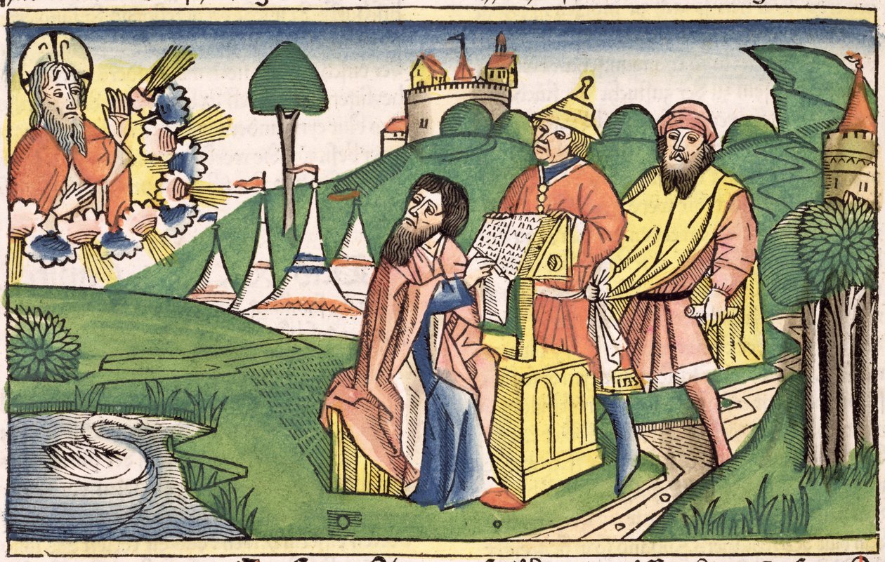 申命记：上帝制定法律的主题，来自纽伦堡圣经（Biblia Sacra Germanaica）（彩色木刻） 作者 德国学校