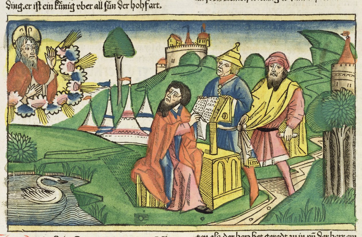申命记：上帝制定法律的主题，来自纽伦堡圣经（Biblia Sacra Germanaica）（彩色木刻） 作者 德国学校