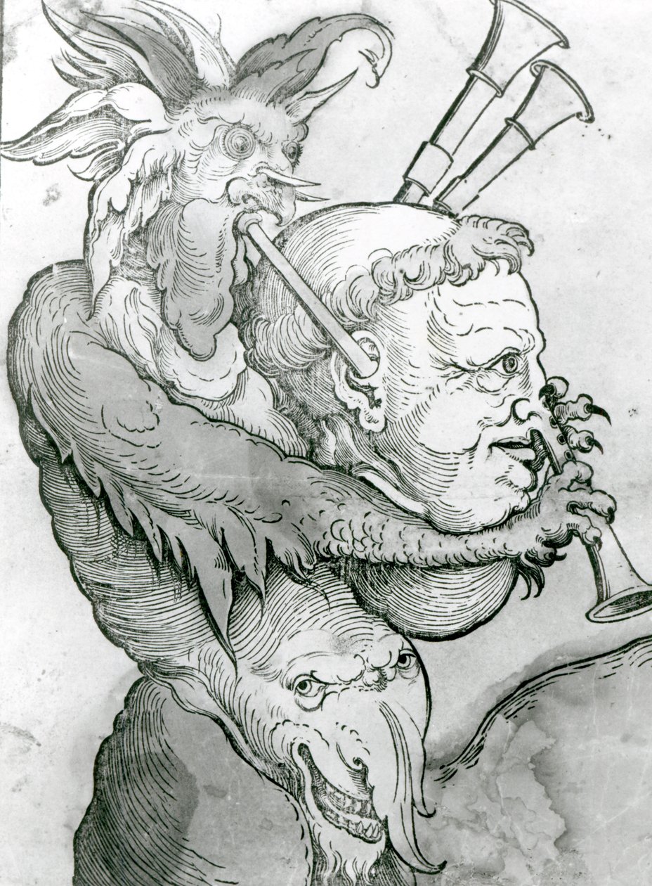 魔鬼玩勒芒头作为风笛，1144（木版画） 作者 德国学校