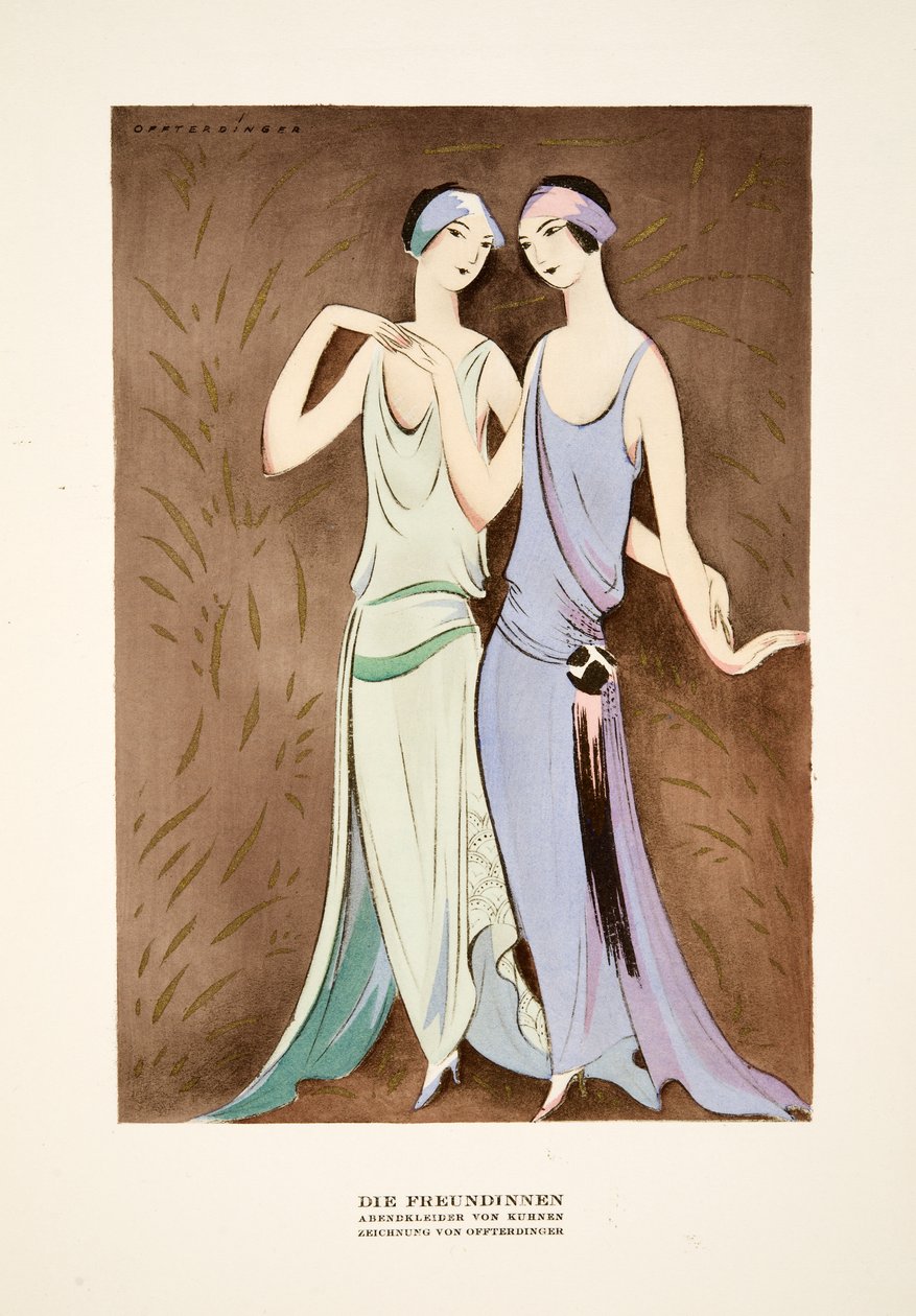 Die Freundinnen，Kuhnen 设计的连衣裙，选自《Styl》，1922 年出版（pochoir 印刷）。 作者 德国学校