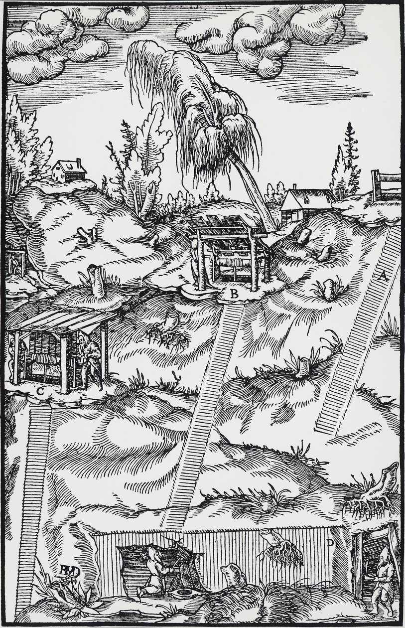 Georg Pawer 或 Georgius Agricola (1494-1555) 的 De re metala（论金属的性质）雕刻，在巴塞尔出版 作者 德国学校