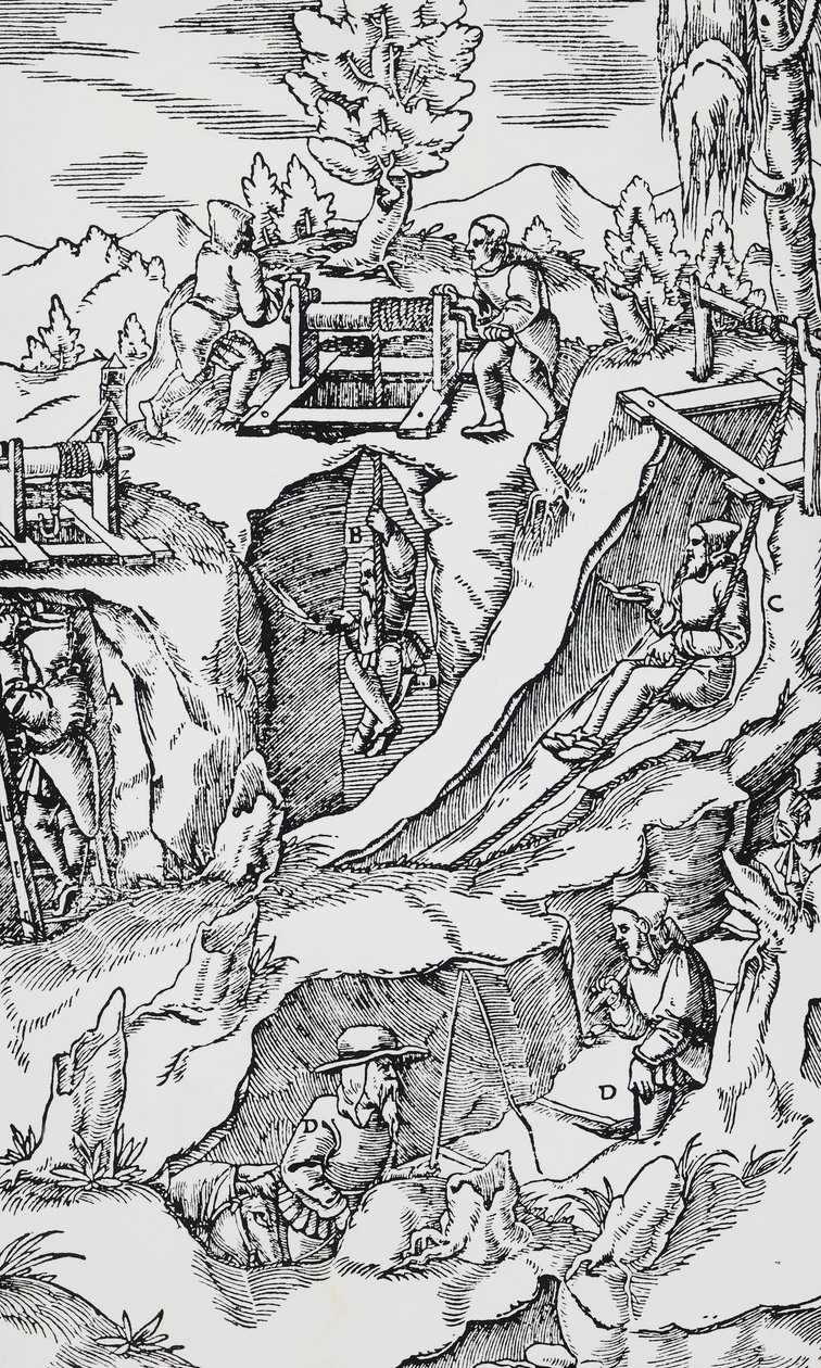 雕刻自De re metallica（论金属的性质），作者Georg Pawer或Georgius Agricola（1494-1555），在巴塞尔出版。 作者 德国学校