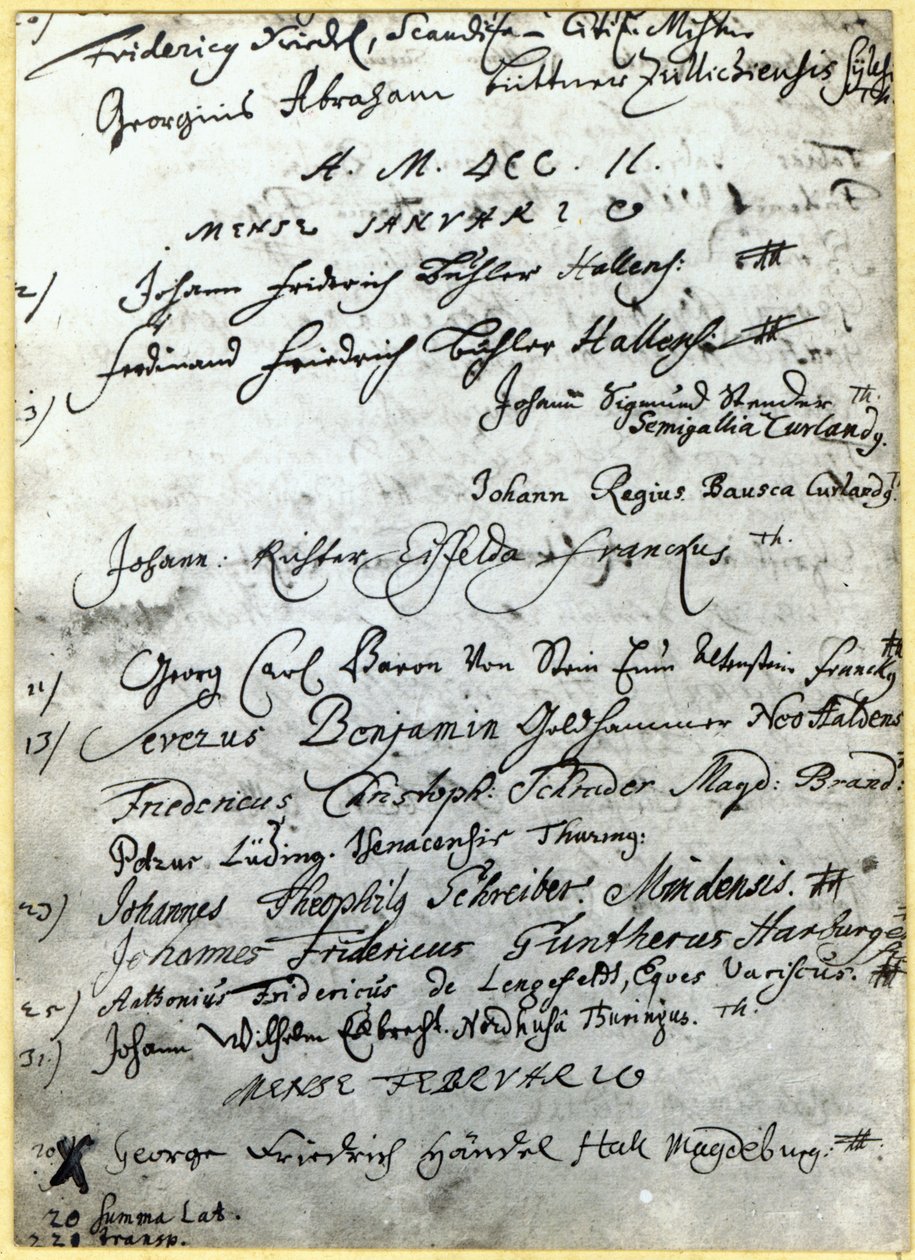 进入哈雷大学的记录，显示亨德尔的名字，1702 作者 德国学校