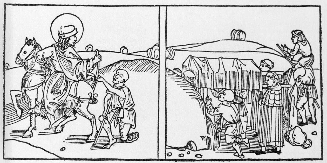 圣马丁生活的剧集。 Voragine (1228-1298) 的 Jacobus (James) 的“Leben der Heiligen - sommerteil”（圣人之书）雕刻。 吕贝克 1488。 作者 德国学校