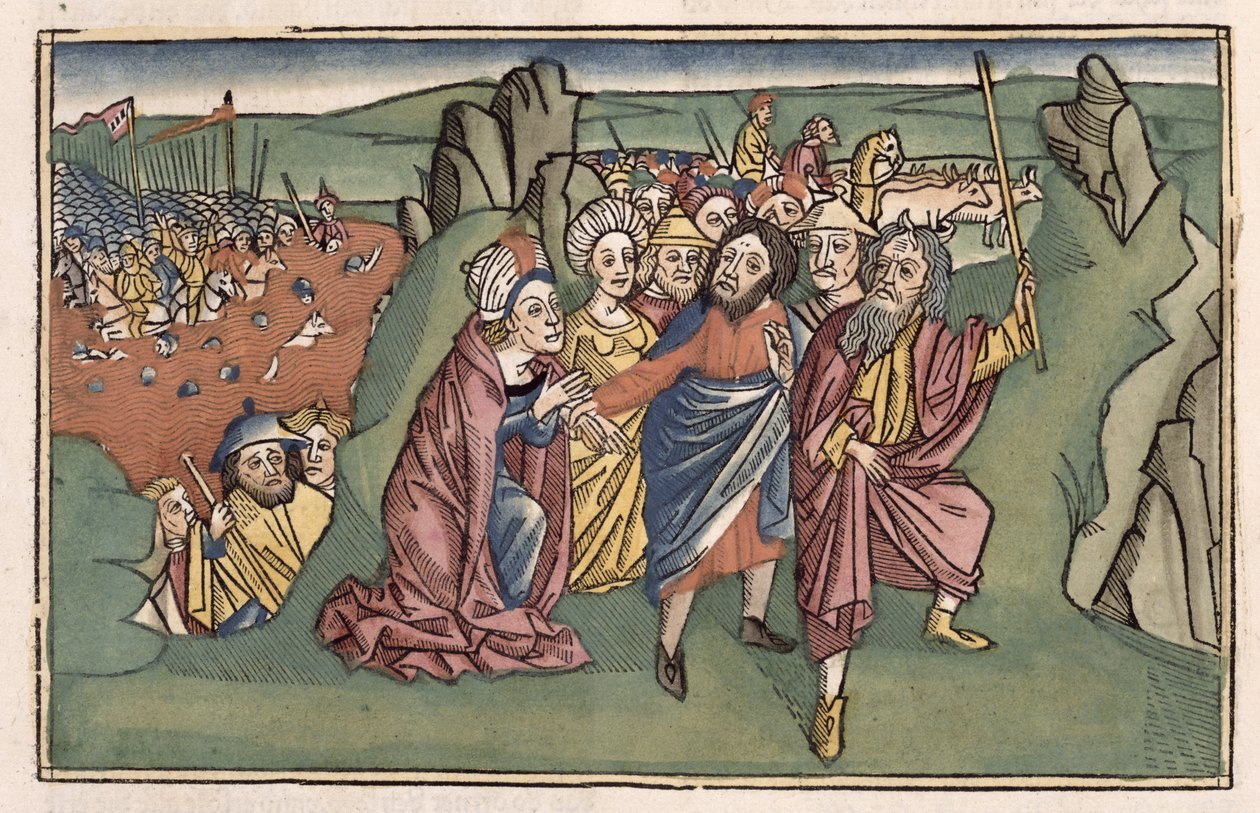 出埃及记14摩西和以色列人从纽伦堡圣经（Biblia Sacra Germanaica）穿过红海（彩色木刻） 作者 德国学校