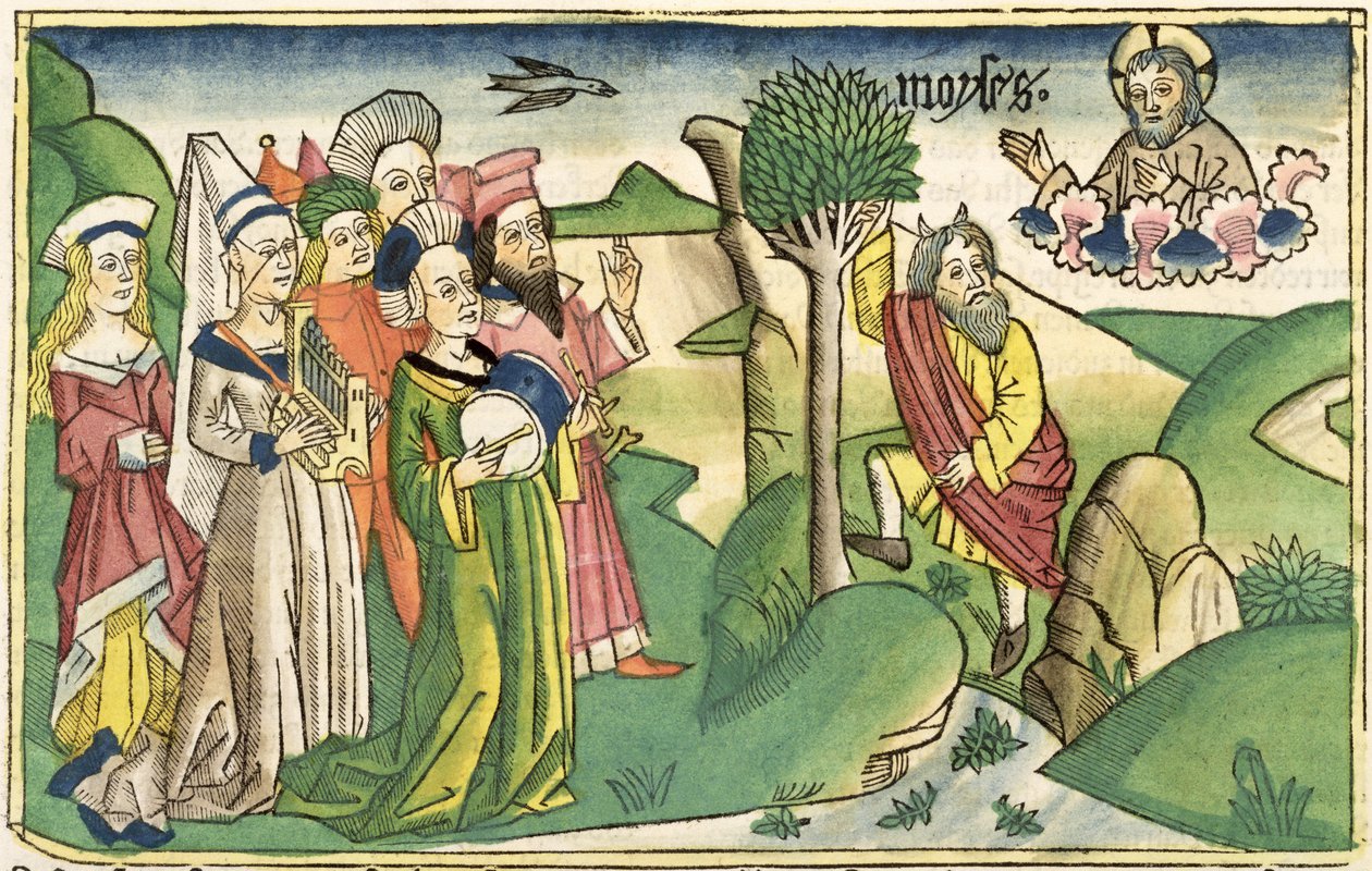 出埃及记15 1-19摩西之歌，来自纽伦堡圣经（Biblia Sacra Germanaica）（彩色木刻） 作者 德国学校
