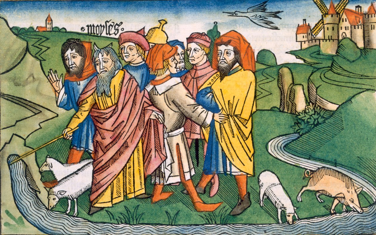 出埃及记17 1-7摩西从纽伦堡圣经（Biblia Sacra Germanaica）（彩色木刻）中流出来自哈雷布岩石的水流 作者 德国学校