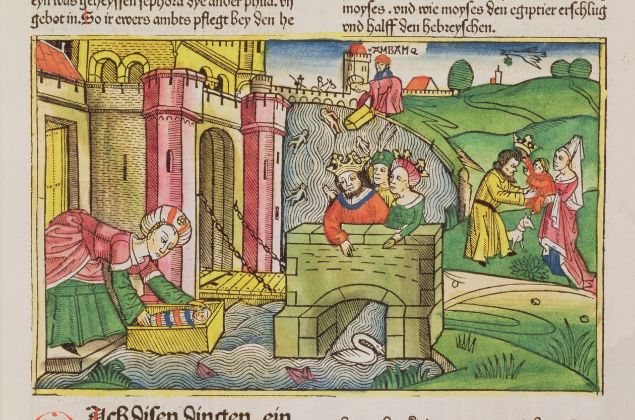 出埃及记2 1-6摩西被尼罗河圣经（Biblia Sacra Germanaica）（彩色木刻）从尼罗河上漂浮并被一位法老的妻子发现 作者 德国学校