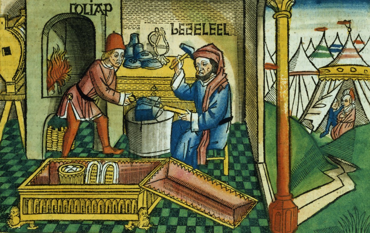 出埃及记31 2-8 Bezalel和Oholiab从纽伦堡圣经（Biblia Sacra Germanaica）制作约柜（彩色木刻） 作者 德国学校