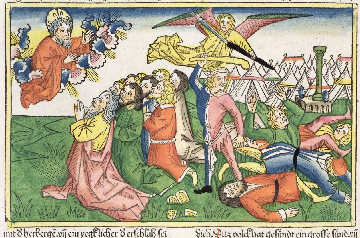 出埃及记32 15-23摩西从纽伦堡圣经（Biblia Sacra Germanaica）（彩色木刻）中打碎石碑 作者 德国学校