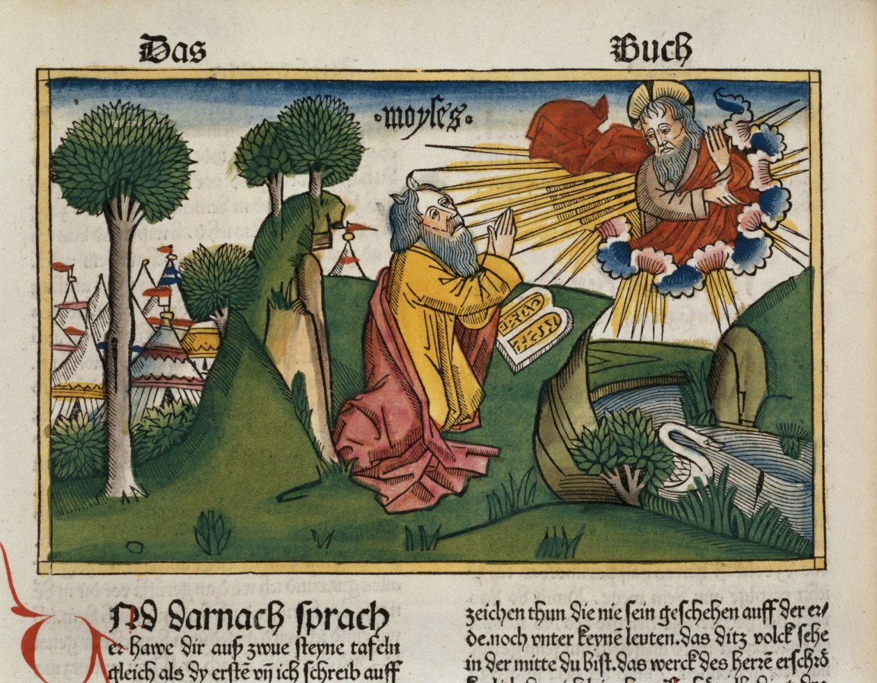 出埃及记34 1-10摩西从纽伦堡圣经（Biblia Sacra Germanaica）（彩色木刻）收到第十片十诫 作者 德国学校