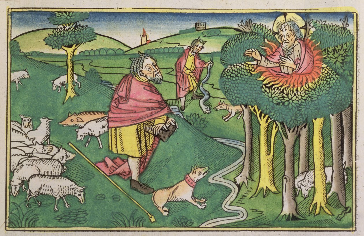 出埃及记3 1-22燃烧的布什，以及出埃及记4 1-4上帝用纽伦堡圣经（Biblia Sacra Germanaica）（彩色木刻）用神奇的杖武装摩西 作者 德国学校