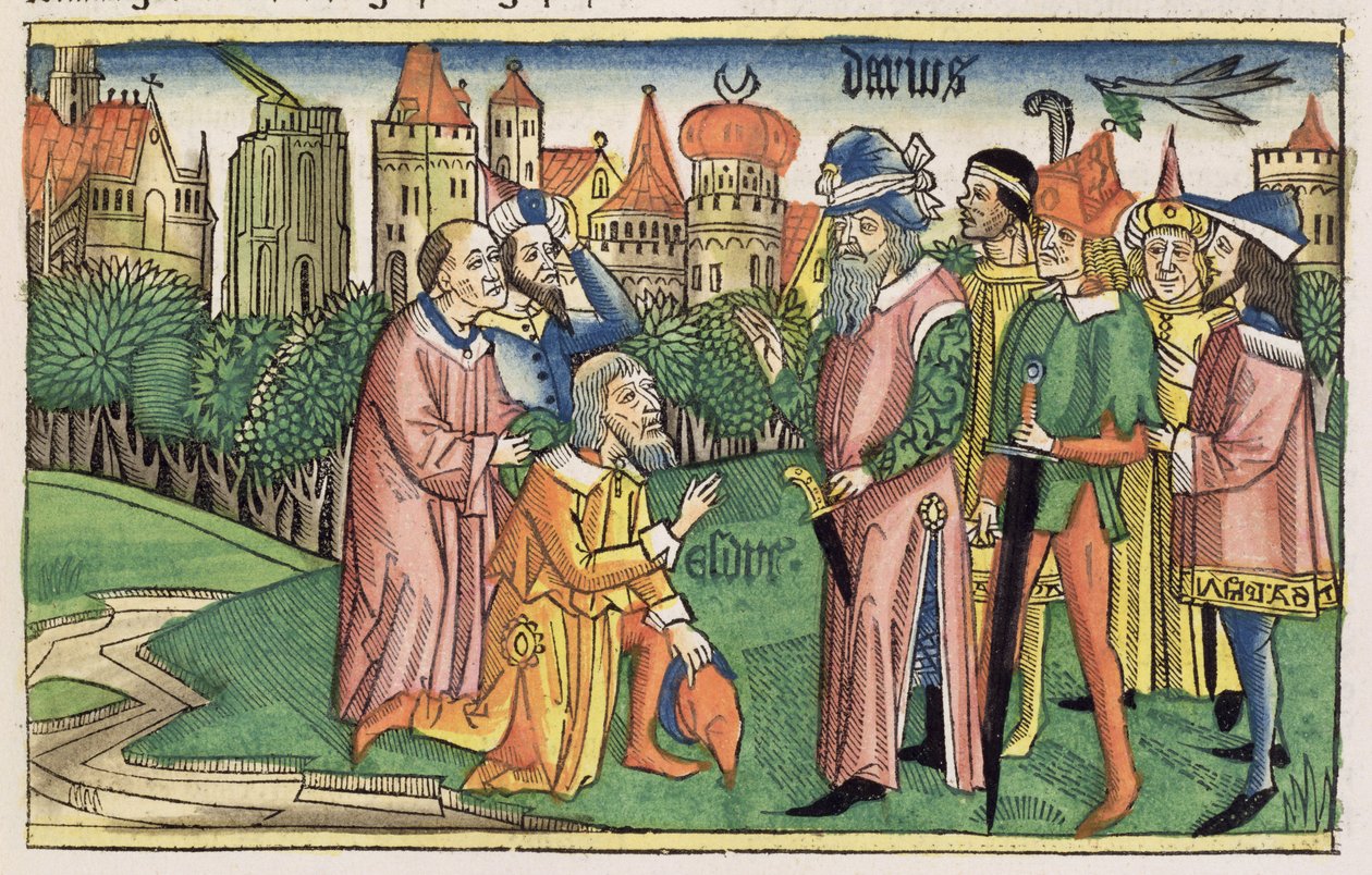 以斯拉记6 16耶路撒冷圣殿是由纽约伯爵国王（Biblia Sacra Germanaica）（彩色木刻）的大流士国王奉献的 作者 德国学校