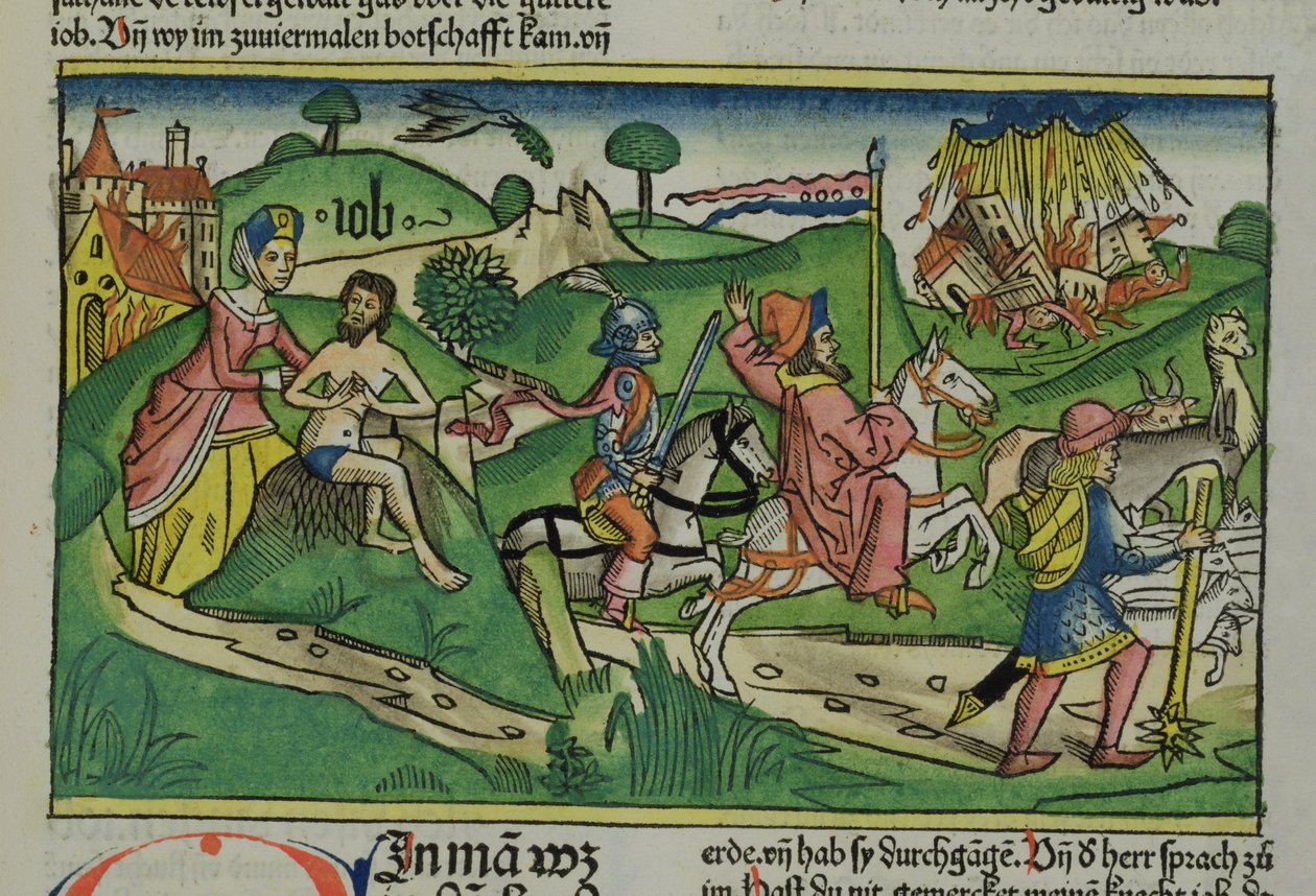 工作的传真副本：Frontispiece，被纽约伯格圣经（Biblia Sacra Germanaica）殴打他的妻子，他的房子和家庭摧毁的飓风和他的牲畜被殴打的工作（彩色） 作者 德国学校