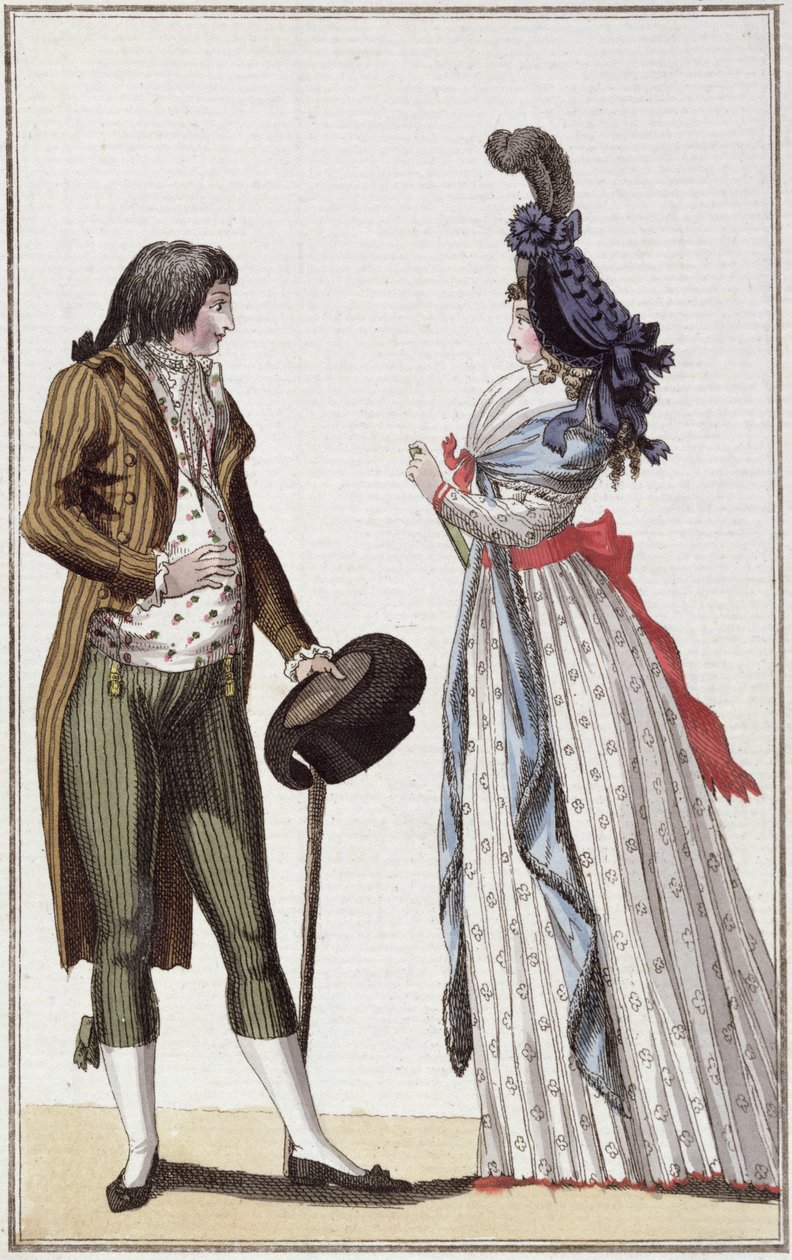 时尚时代（1795-99）的时尚情侣（彩色雕刻） 作者 德国学校